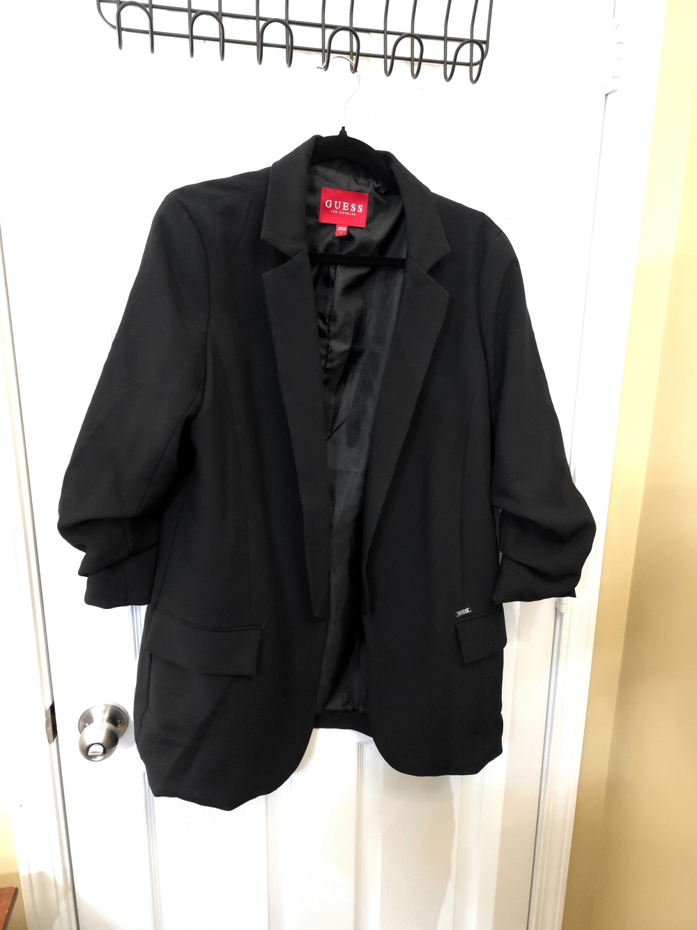 GUESS Los Angeles Black Ruched Sleeve Open Front Blazer Size Large